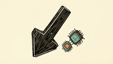 China's STAR 100 index falls as a carved arrow presses down on retreating microchip shapes.