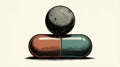Viking Therapeutics VK2735 oral maintenance trial: a large medicinal capsule supporting a heavy stone sphere to represent weight maintenance.