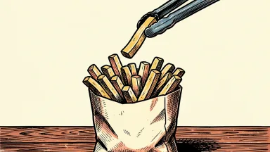 Lamb Weston raises its long-term financial outlook: a single large french fry is lifted high out of a paper bag by metal tongs.