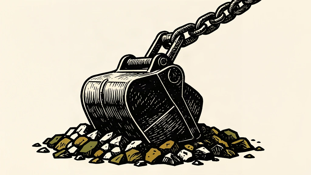 A heavy industrial mining bucket sits on a pile of uranium ore, connected by a thick metal cable representing a new investment link.