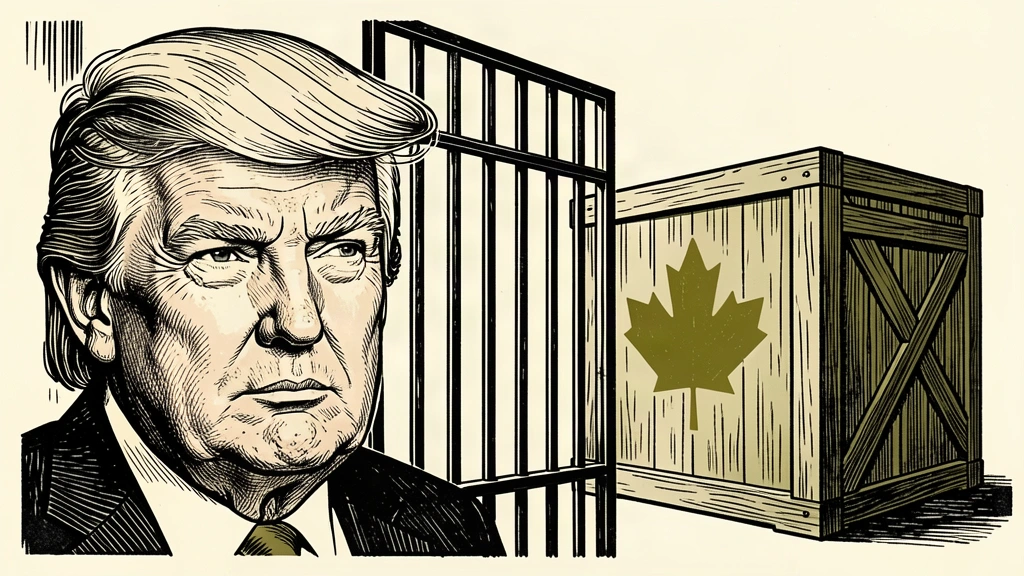 An editorial illustration of Trump behind a closed iron gate that blocks a shipping crate marked with a maple leaf. Identity photo references adapted into illustration: Daniel Torok (Public domain; https://commons.wikimedia.org/wiki/File:Official_Presidential_Portrait_of_President_Donald_J._Trump_(2025).jpg); source https://commons.wikimedia.org/wiki/File:Official_Presidential_Portrait_of_President_Donald_J._Trump_(2025).jpg