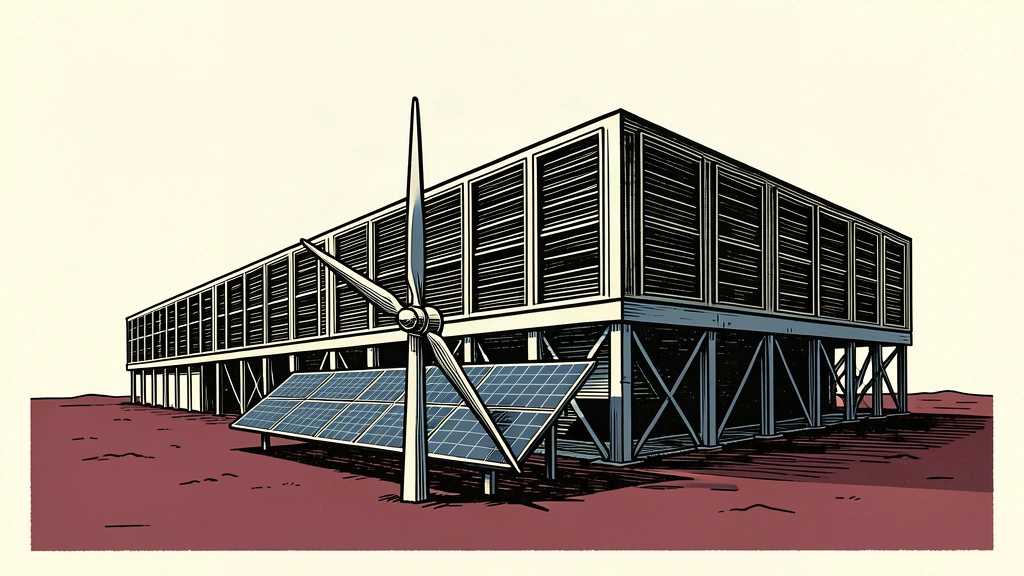An editorial illustration showing a large data center being supported by a wind turbine blade and solar panels integrated into its base.