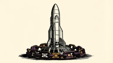 SpaceX rocket anchored by a heavy chain of Nvidia microchips, representing the debt plan's impact on the company.