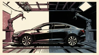 Lucid Group production decline: an electric sedan on an assembly line where only one side of the machinery is active, reflecting a shift reduction.