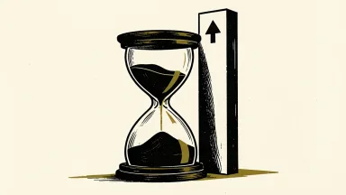 Onfolio receives a Nasdaq extension: a large hourglass with flowing sand stands before a tall pillar marked with a market arrow.