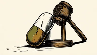 Aardvark Therapeutics facing a securities class action: a large pharmaceutical capsule with a single crack next to a heavy wooden gavel.