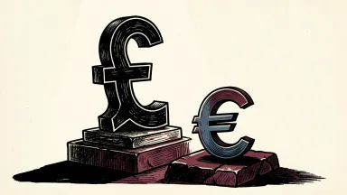 Sterling rises against the euro: a large pound symbol stands on a high pedestal while a smaller euro symbol sits in a shadow on lower ground.