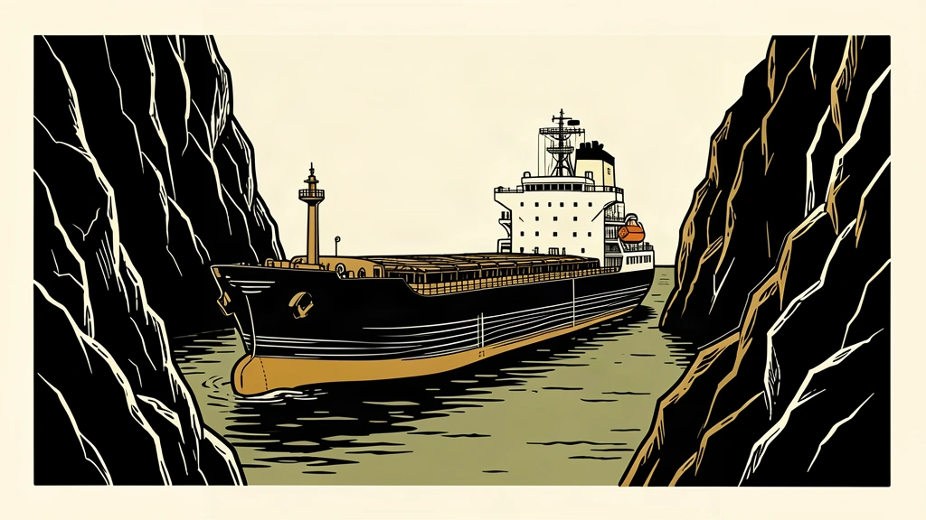 A large oil tanker is shown navigating a very narrow and tight passage between two dark, jagged rock walls.