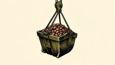 Hudbay Minerals price target raised: a heavy mining bucket filled with copper ore is hoisted upward by steel cables.