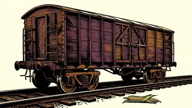 Ukraine maize transit proposal: a sealed freight wagon on a railway track with an ear of corn in the foreground.