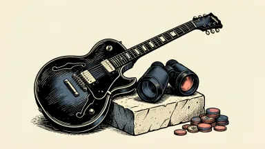 Bank of America warns of surging funflation: a large electric guitar and binoculars dwarf a small pile of coins on a stone pedestal.