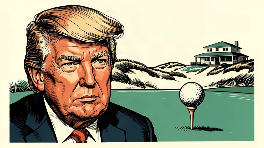 An editorial illustration showing a portrait of Donald Trump next to a golf ball on a tee at a coastal resort. Identity photo references adapted into illustration: Daniel Torok (Public domain; https://commons.wikimedia.org/wiki/File:Official_Presidential_Portrait_of_President_Donald_J._Trump_(2025).jpg); source https://commons.wikimedia.org/wiki/File:Official_Presidential_Portrait_of_President_Donald_J._Trump_(2025).jpg