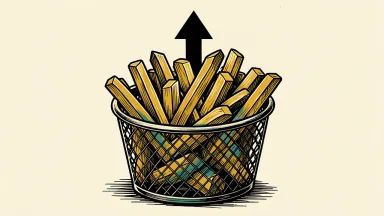 Lamb Weston updates its outlook: a wire basket of golden french fries with a rising arrow behind it.