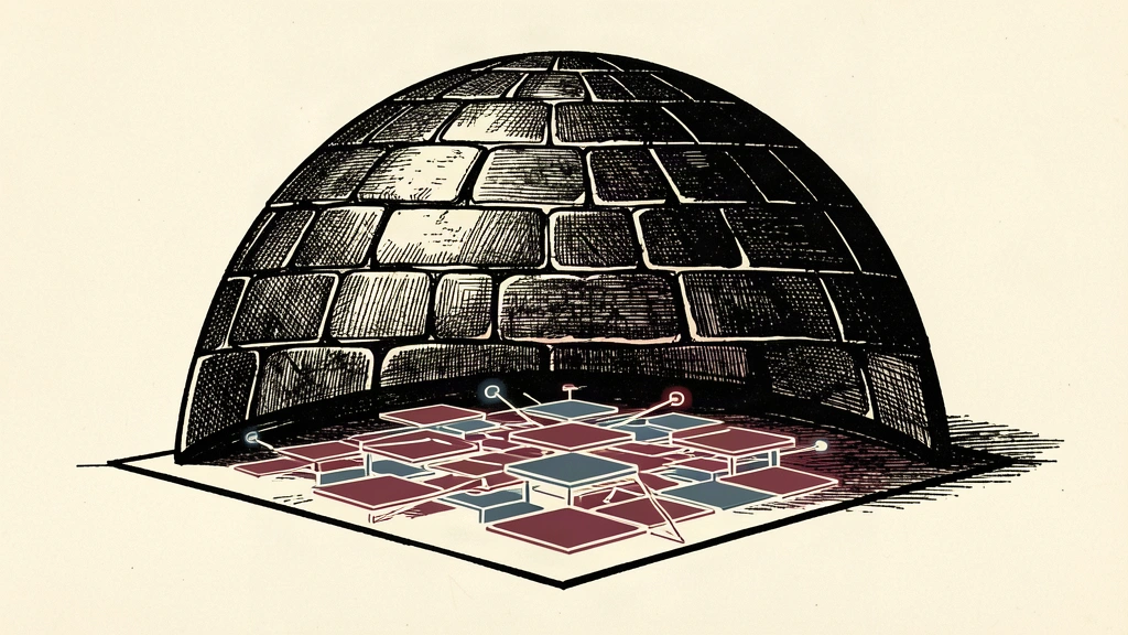 A heavy architectural dome partially covering a cluster of glowing digital tiles to represent a global stability body overseeing AI.