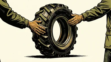 Agco leadership transition: a large tractor tire is steadied by a pair of hands as it rolls forward.