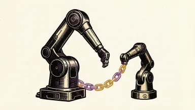 Stryker invests $400M in CMR Surgical; a large Versius robot arm is linked by a glowing chain to a smaller Stryker arm.