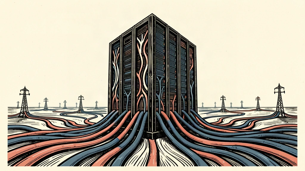 A large server monolith stands in a flat landscape with thick power cables radiating from its base toward the horizon.