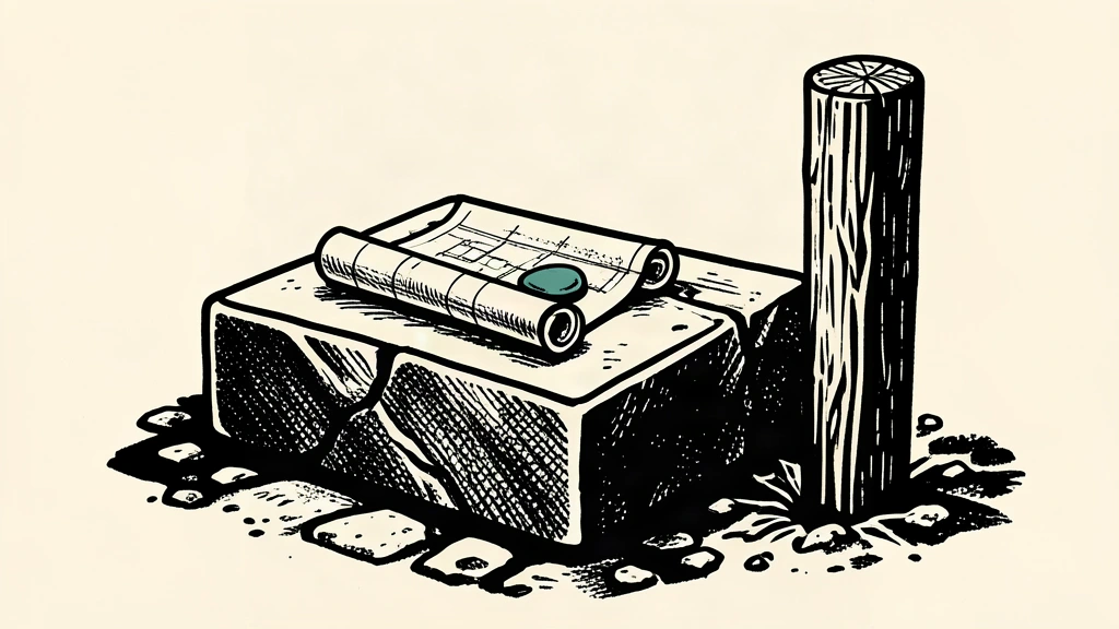 A heavy foundation block and a boundary stake represent secured long-term construction capacity.