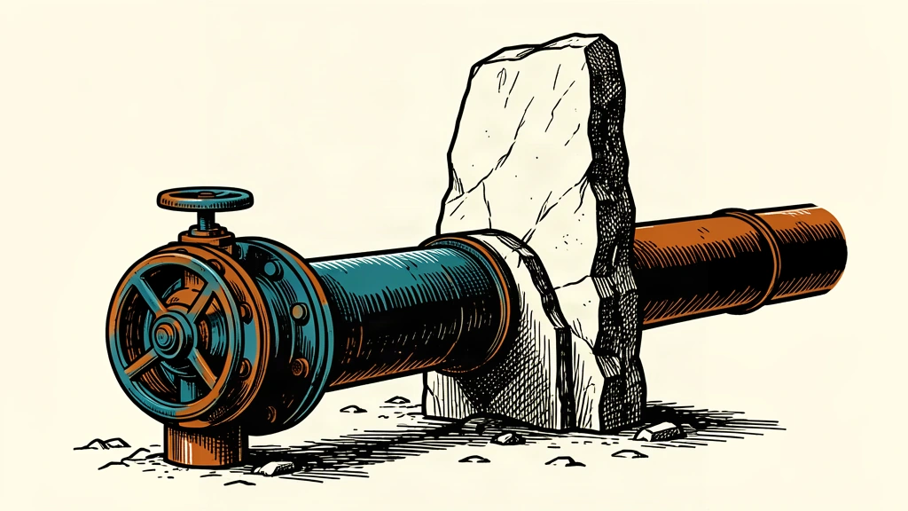 An editorial illustration showing a large oil pipeline blocked by a solid stone wall, symbolizing a legal obstacle to a proposed deal.