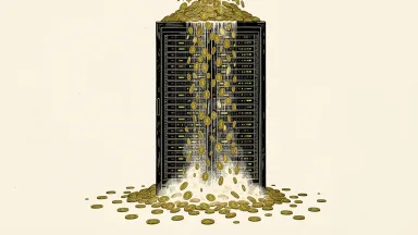BofA warns of AI investment risks: a massive server rack with a heavy flow of gold coins from the top that thins into a light mist before reaching the floor.