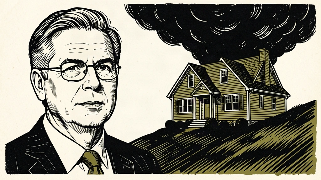 A portrait of Scott Bessent next to a house that remains high on a hill despite a heavy weight pressing down on it. Identity photo references adapted into illustration: United States Department of the Treasury (Public domain; https://commons.wikimedia.org/wiki/File:Official_portrait_of_Treasury_Secretary_Scott_Bessent.jpg); source https://commons.wikimedia.org/wiki/File:Official_portrait_of_Treasury_Secretary_Scott_Bessent.jpg
