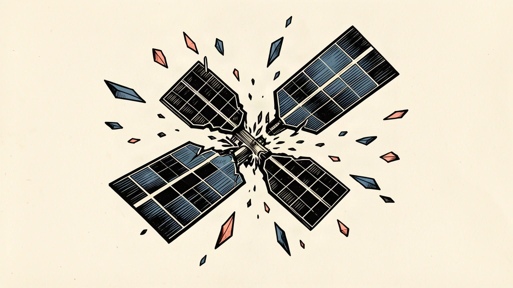 An editorial illustration of a satellite breaking apart into many sharp fragments in the void of space.
