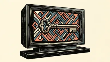 Adeia renews Spectrum's media IP license: a large television screen with a heavy key resting across its frame, aligning with patterns on the display.
