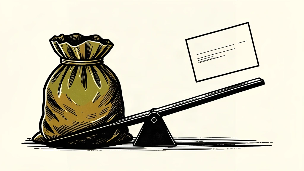 A balance scale showing a heavy grocery bag outweighing a light paycheck envelope.