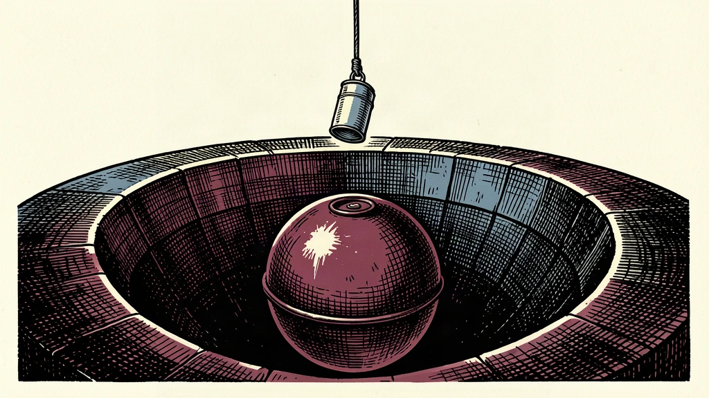A heavy sphere sits at the bottom of a basin while a smaller canister is pulled upward by a cable, illustrating the divergence between cooling core inflation and rising energy costs.