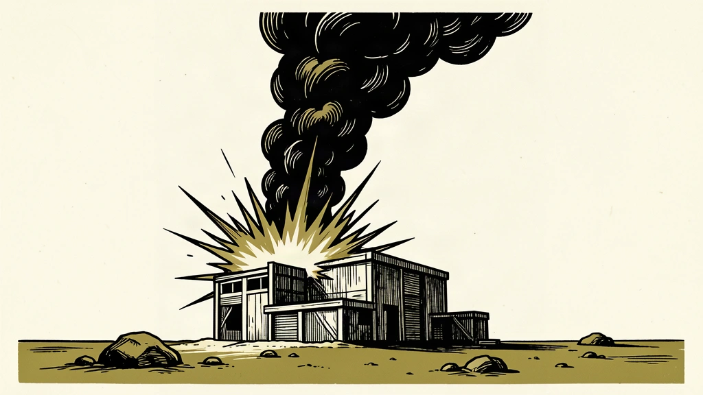 An editorial illustration showing a dark smoke plume rising from a burst on a generic industrial building in a desert.