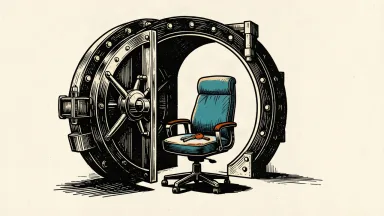 Huntington Bancshares executive retirement: a single set of keys rests on an empty office chair inside an open bank vault.
