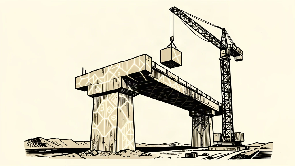 An editorial illustration showing a large concrete bridge pier being built with the help of digital geometric patterns, representing AI efficiency in infrastructure.