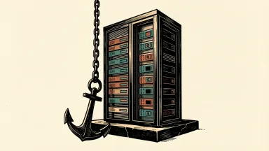 Anthropic facing a call to delay its IPO: a heavy anchor hooks onto the base of a large computer server rack to hold it in place.