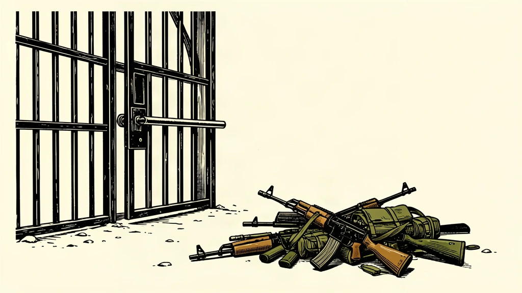 An editorial illustration showing a pile of rifles sitting outside a large, open iron gate, representing the lack of a deadline for state control.