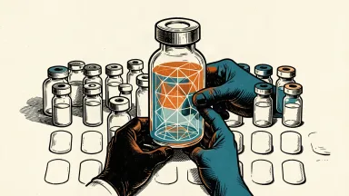 Absci's AI-designed antibody trial for endometriosis: a glowing geometric vial is placed into a clinical trial grid by a pair of hands.