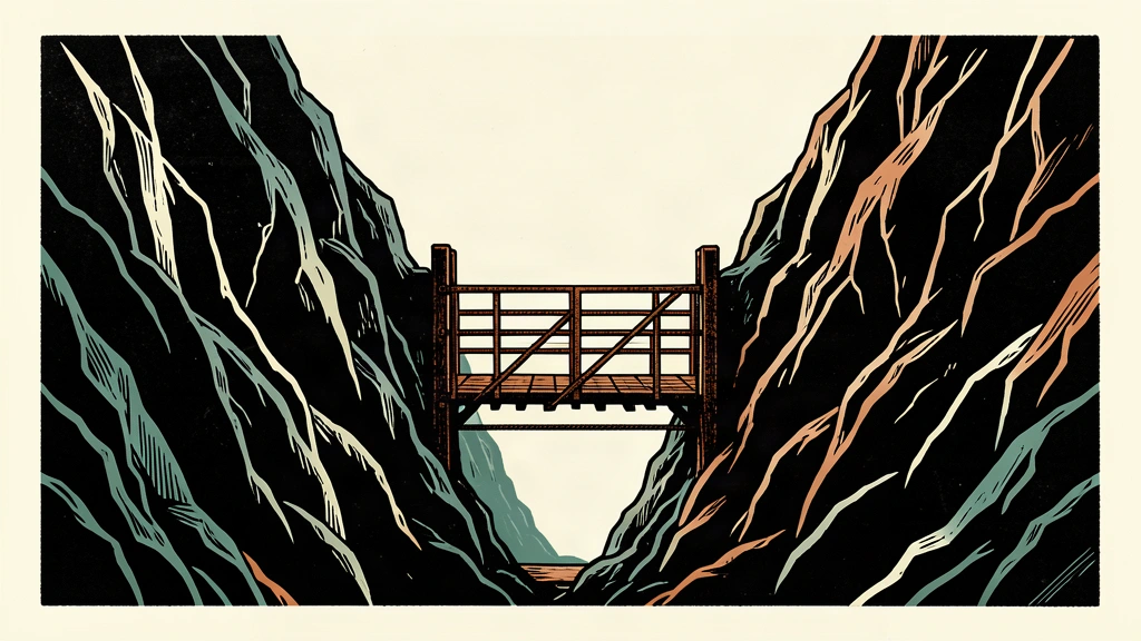 An editorial illustration of a heavy iron gate being pulled open between two steep mountain cliffs to reveal a bridge connecting the two sides.