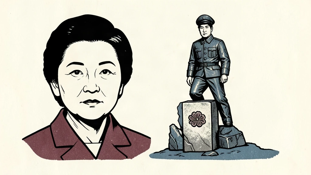 Linocut portrait of a Japanese official next to a symbolic bronze monument of a soldier and a broken boundary marker.