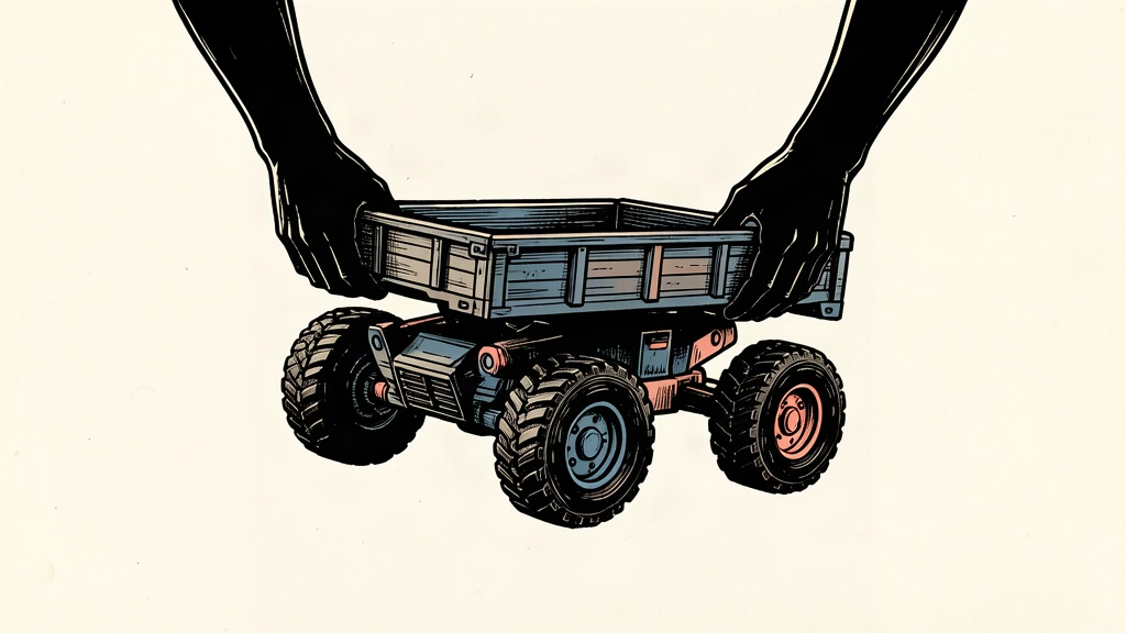 A black ink illustration of a small, treaded ground robot being lifted by two large silhouetted hands.