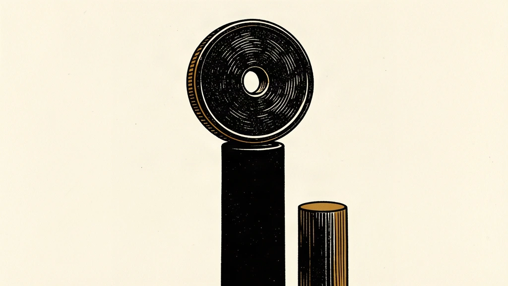 A large coin with a central hole sits on a high pillar, towering over a shorter pillar that marks a previous peak.