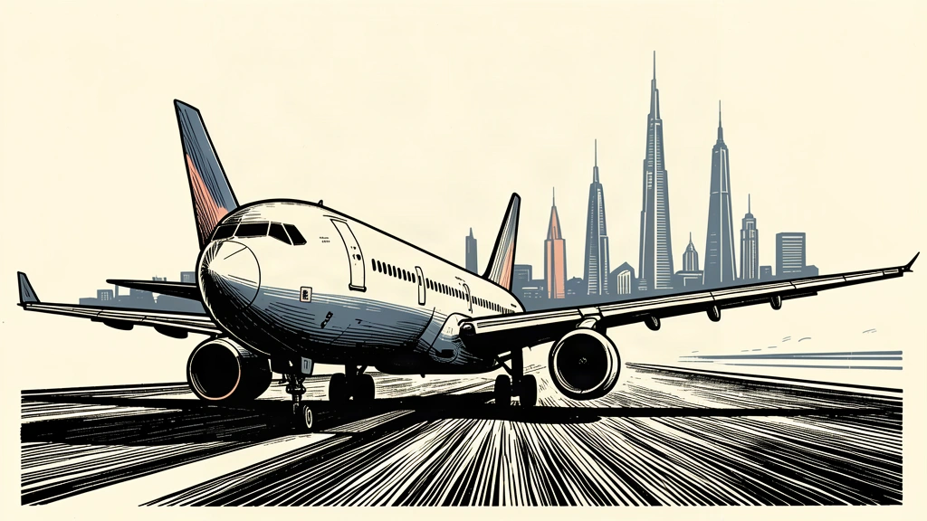 An editorial illustration of a commercial airplane at the start of a runway facing a distant cluster of tall towers, symbolizing the resumption of flight connections.