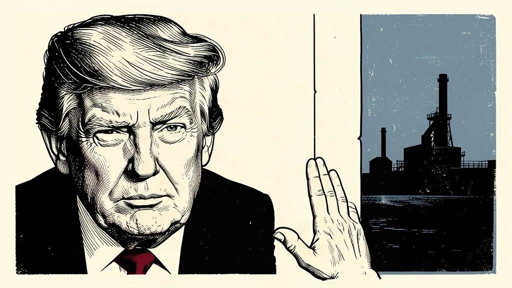 An editorial illustration showing Donald Trump making a dismissive hand gesture toward a solid wall that separates him from a distant industrial silhouette. Identity photo references adapted into illustration: Daniel Torok (Public domain; https://commons.wikimedia.org/wiki/File:Official_Presidential_Portrait_of_President_Donald_J._Trump_(2025).jpg); source https://commons.wikimedia.org/wiki/File:Official_Presidential_Portrait_of_President_Donald_J._Trump_(2025).jpg