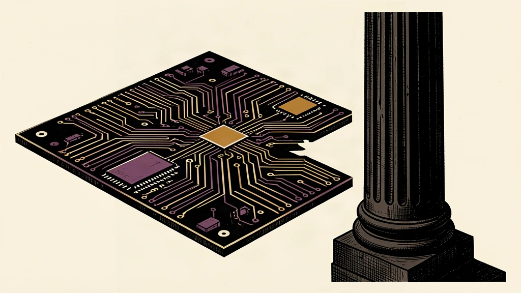 An editorial illustration showing a floating digital circuit board separated by a wide gap from a heavy stone column, symbolizing the opposition to government ownership in tech.
