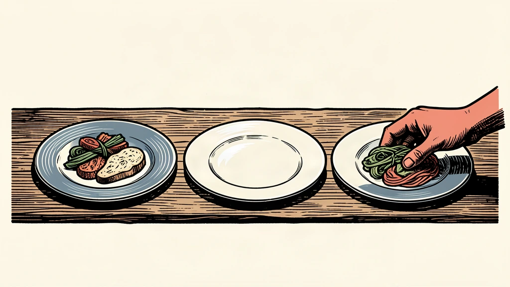 An editorial illustration showing three plates in a row where the center plate is empty, representing the one-in-three statistic of Americans skipping meals.