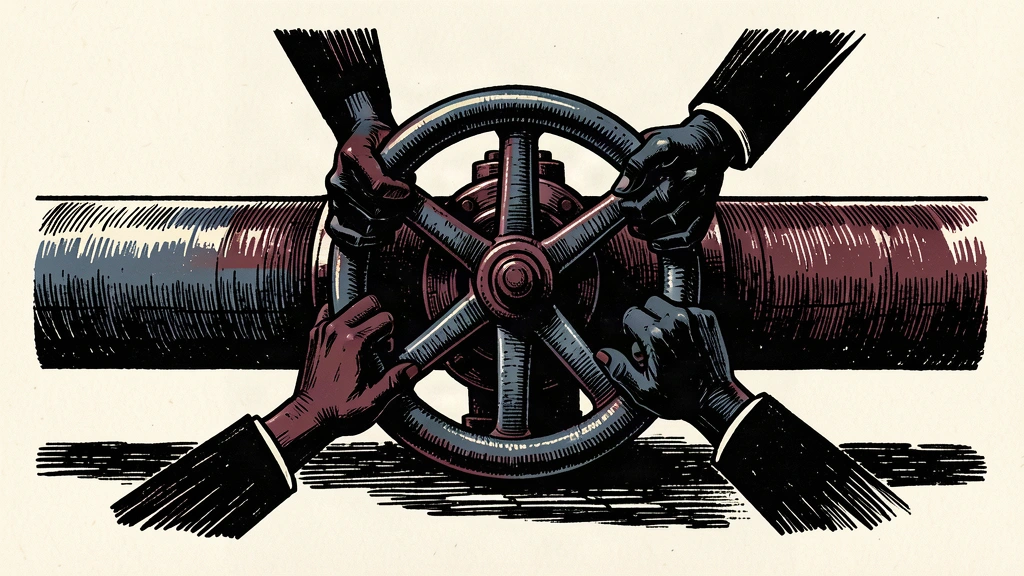 An editorial illustration showing hands gripping a large valve on an oil pipeline to convey the tension of rising energy prices.