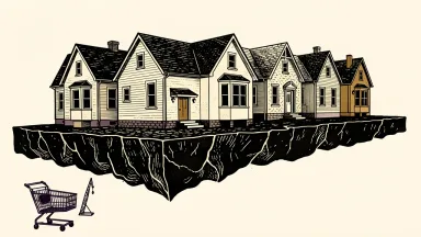 Bank of Canada warning on housing: a row of intact houses sinking into the ground alongside a stationary shopping cart and construction crane.