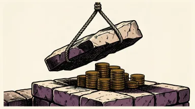 Hartford Insurance Group offloading legacy liabilities: a heavy stone slab is hoisted away from a foundation to reveal a large stack of coins.