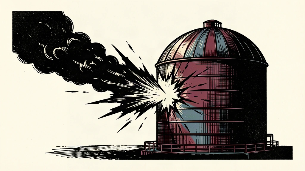 An editorial illustration of a large oil storage tank being struck by a jagged black rupture and a rising smoke plume.