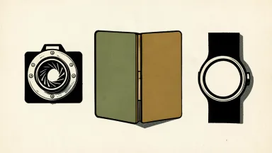 A linocut illustration featuring a foldable mobile device, a mechanical camera aperture, and a minimalist watch silhouette on an ivory background.