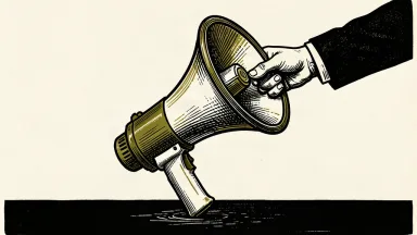 An editorial illustration of a hand releasing a large megaphone, symbolizing the departure of a long-time communications chief.