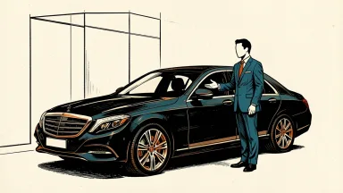 Lyft launches Alcove chauffeur brand: a faceless chauffeur in a suit stands by an open luxury car door near a minimalist architectural structure.